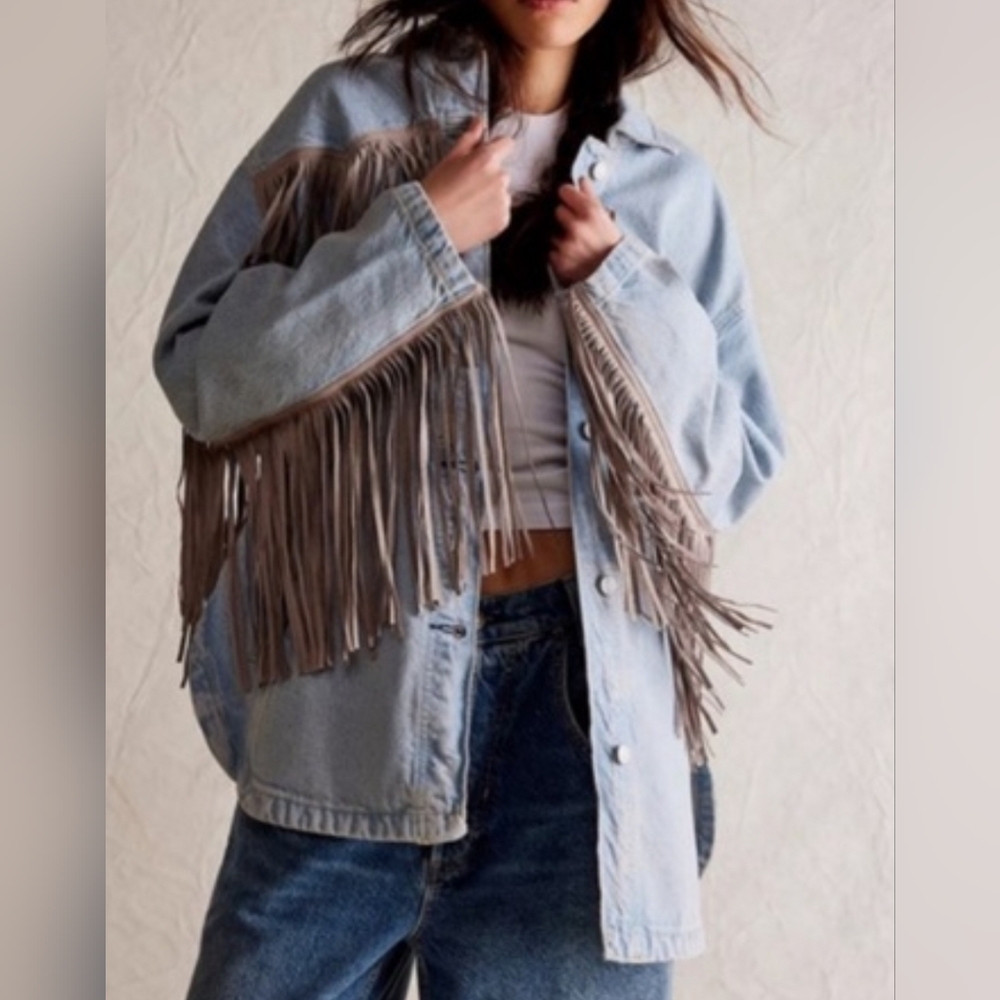 NEW We The Free People Fringe Out Tassle Denim Jean Jacket Shacket, Large - Picture 2 of 4